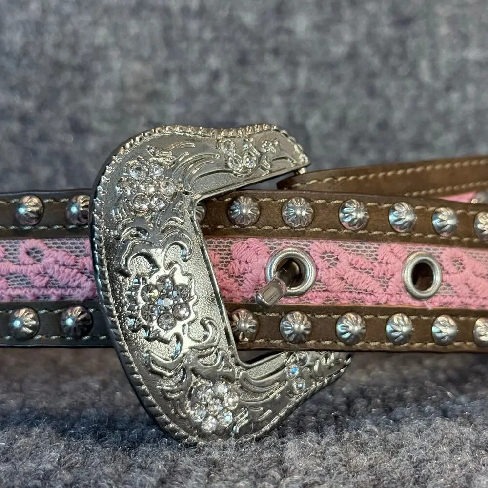 Ariat Pink Studded Leather Western Belt With Silver Tone Buckle Kids Youth 26 in